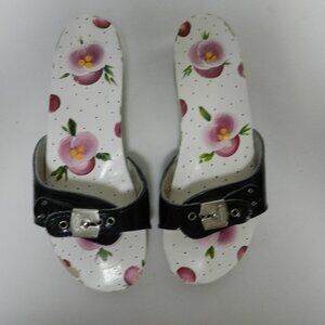 Dr. Scholls Leather Wood clog sandals black pink Vintage Hand Painted Size Sz 7